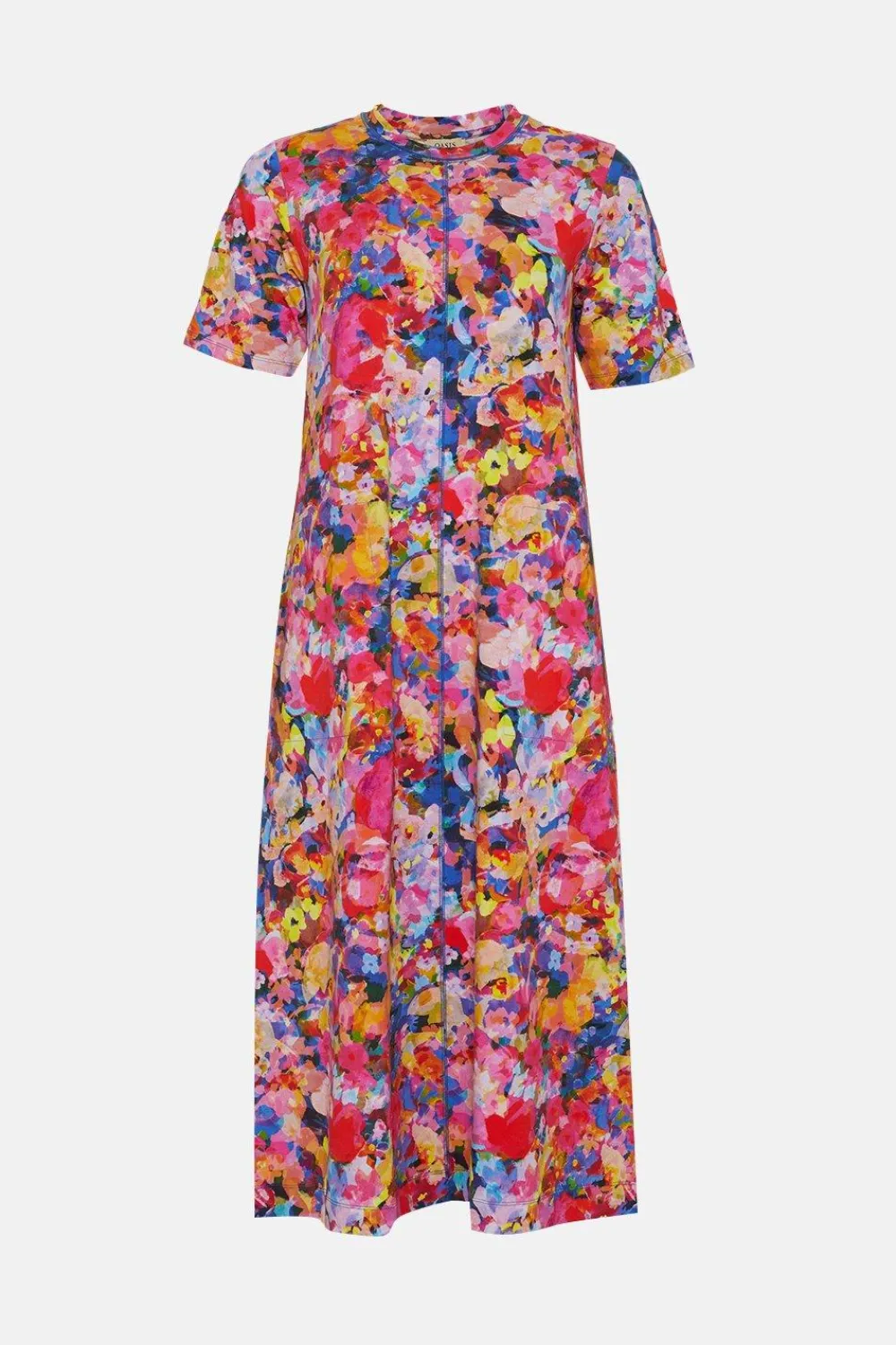 Best Oasis Cotton Bright Floral Seam Detail Midi Trapeze Dress Pink