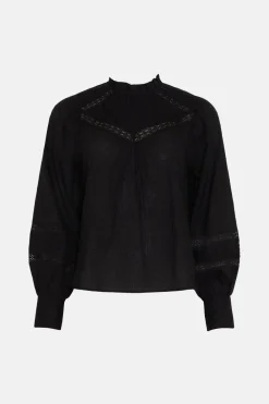 Fashion Oasis Cotton Dobby Lace Trim Blouse Black