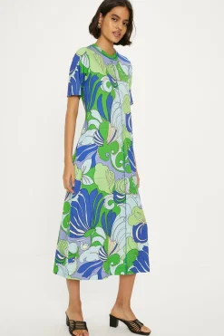 Clearance Oasis Cotton Leafy Floral Seam Detail Midi Trapeze Dress Green
