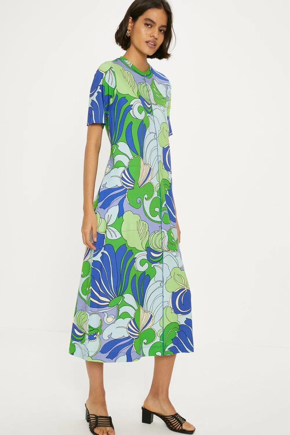 Clearance Oasis Cotton Leafy Floral Seam Detail Midi Trapeze Dress Green