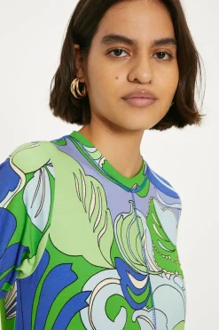Clearance Oasis Cotton Leafy Floral Seam Detail Midi Trapeze Dress Green