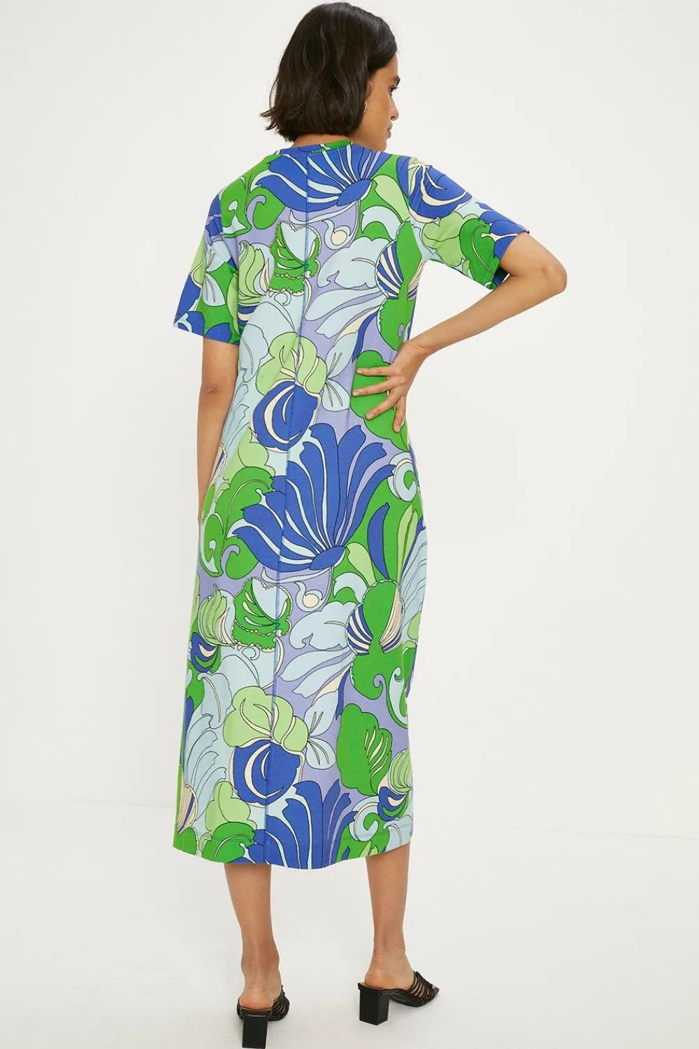 Clearance Oasis Cotton Leafy Floral Seam Detail Midi Trapeze Dress Green