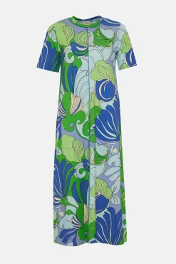 Clearance Oasis Cotton Leafy Floral Seam Detail Midi Trapeze Dress Green