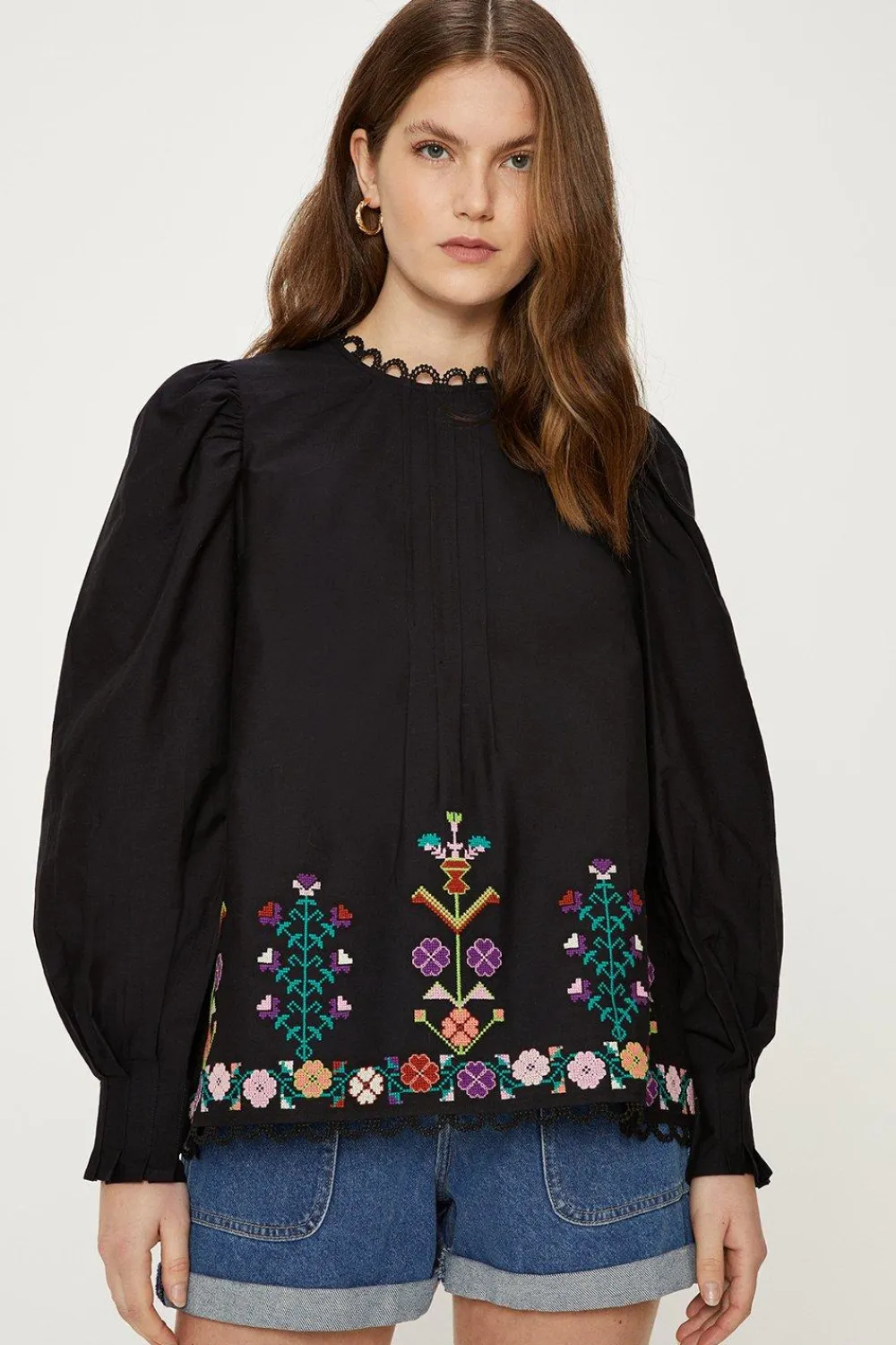 Online Oasis Cotton Poplin Embroidered Blouse Black