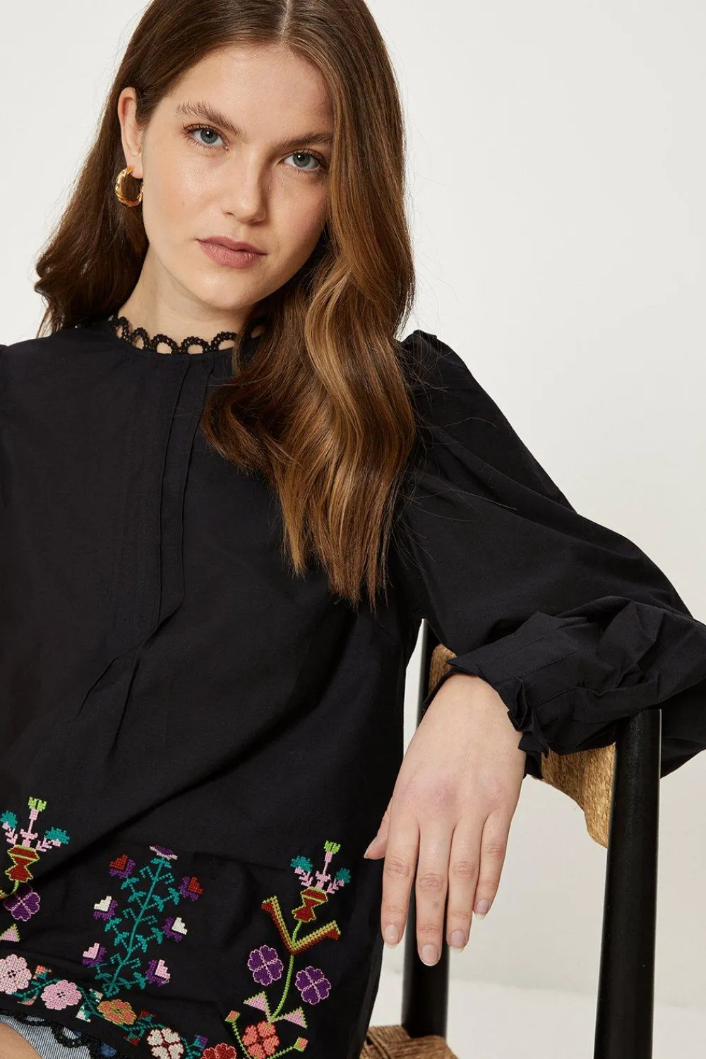 Online Oasis Cotton Poplin Embroidered Blouse Black