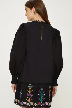 Clearance Oasis Cotton Poplin Embroidered Dress Black