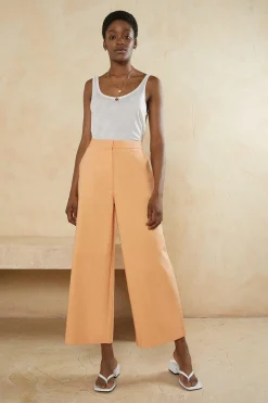 Clearance Oasis Cotton Sateen Wide Leg Tailored Trouser Apricot