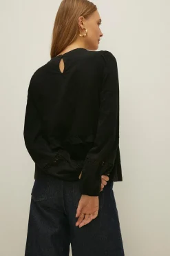 Discount Oasis Cotton Slub Lace Trim Jersey Top Black
