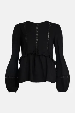 Discount Oasis Cotton Slub Lace Trim Jersey Top Black