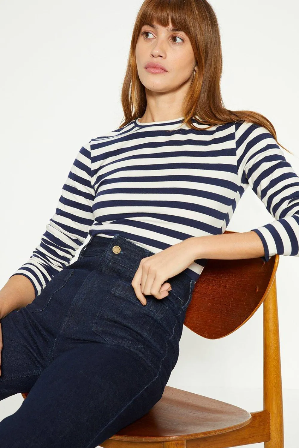 Outlet Oasis Cotton Stripe Crew Neck Long Sleeve Top Navy