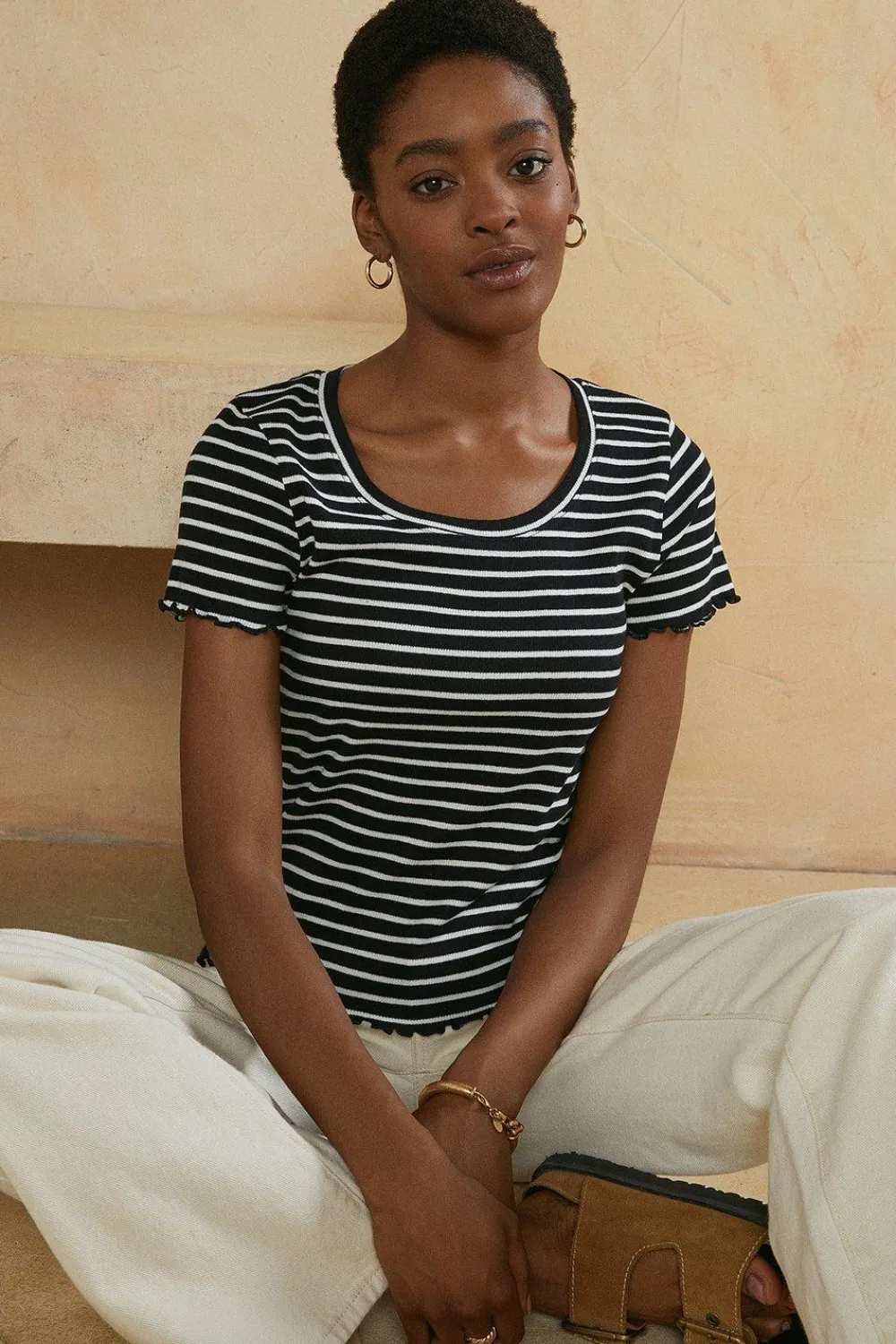 Discount Oasis Cotton Stripe Rib Scoop Neck T Shirt Blackwhite