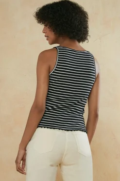 Hot Oasis Cotton Stripe Rib Scoop Neck Vest Navy