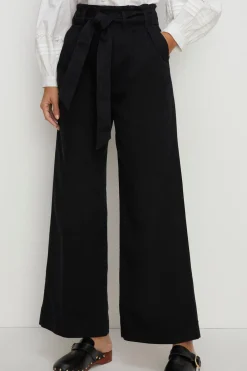 Sale Oasis Cotton Twill Tie Waist Wide Leg Trouser Black