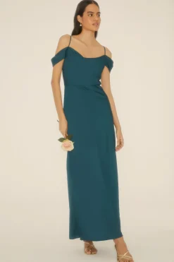 Fashion Oasis Cowl Cold Shoulder Satin Bias Midaxi Dress Emerald