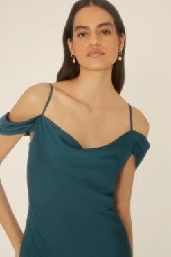 Fashion Oasis Cowl Cold Shoulder Satin Bias Midaxi Dress Emerald