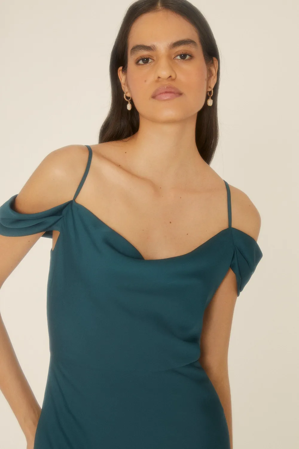 Fashion Oasis Cowl Cold Shoulder Satin Bias Midaxi Dress Emerald
