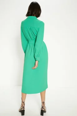 Outlet Oasis Crepe Pin-Tuck Belted Shirt Dress Green