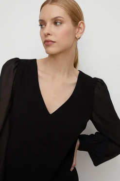 New Oasis Crepe V-Neck Woven Sleeve Mini Dress Black