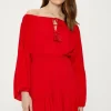Fashion Oasis Crinkle Bardot Dress Red