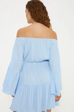 Hot Oasis Crinkle Bardot Dress Light Blue