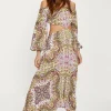Clearance Oasis Crinkle Paisley Cut Out Bardot Midi Dress Multi