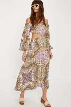 Clearance Oasis Crinkle Paisley Cut Out Bardot Midi Dress Multi