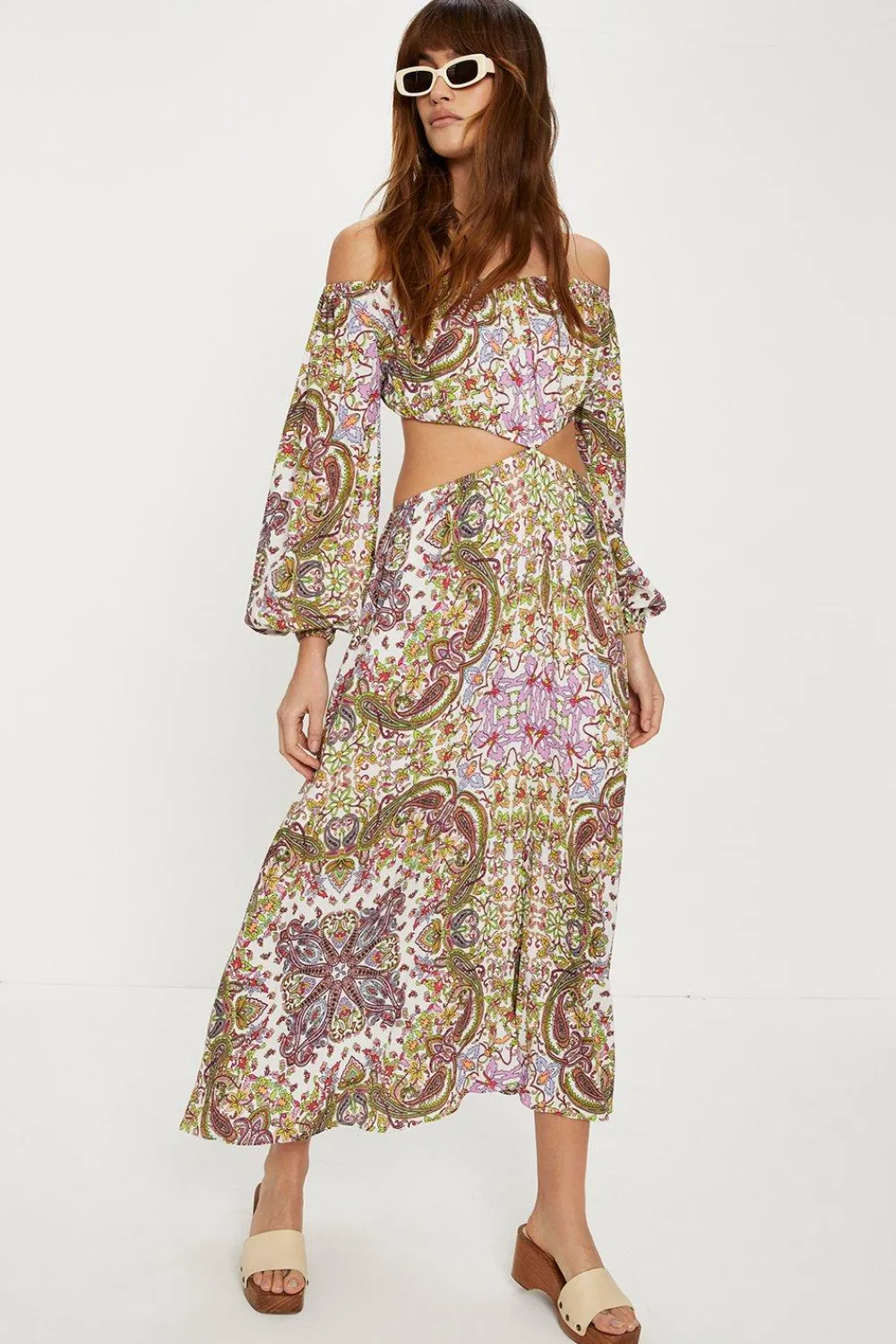 Clearance Oasis Crinkle Paisley Cut Out Bardot Midi Dress Multi
