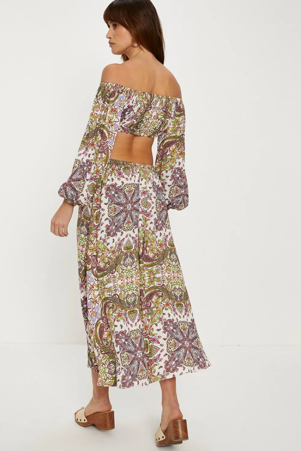 Clearance Oasis Crinkle Paisley Cut Out Bardot Midi Dress Multi