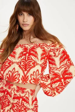 New Oasis Crinkle Paisley Palm Bardot Top Red