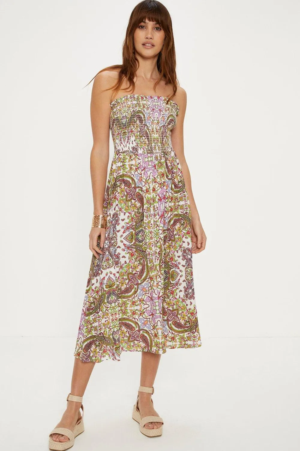 Fashion Oasis Crinkle Paisley Shirred Strapless Midi Dress Multi