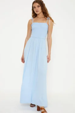 Hot Oasis Crinkle Shirred Maxi Dress Light Blue