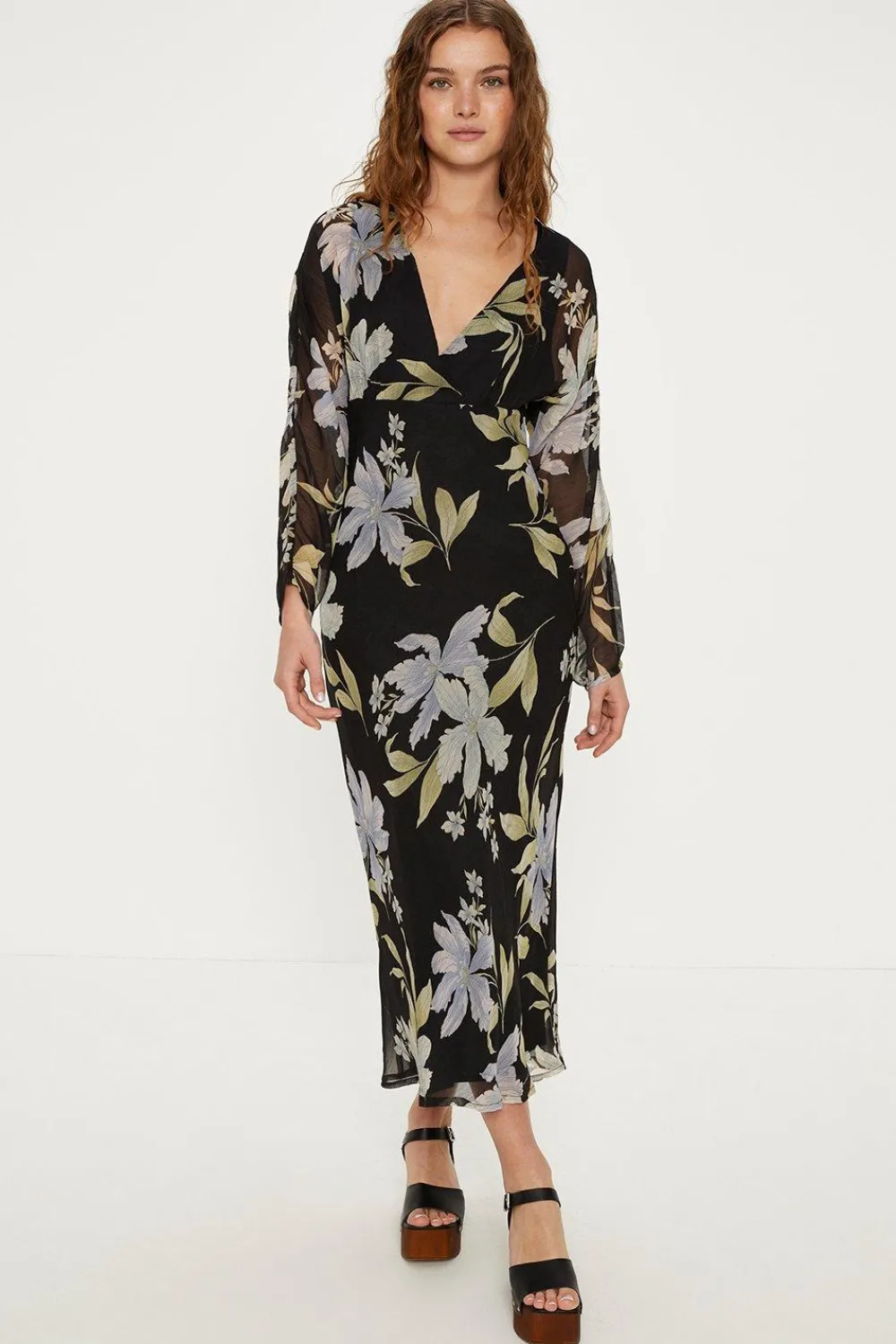 Clearance Oasis Crinkle Soft Floral Printed Midi Dress Black