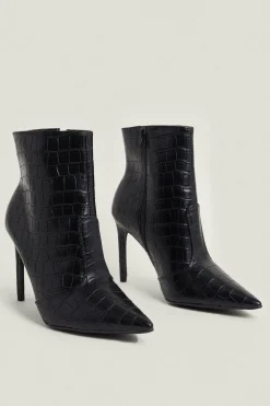 Fashion Oasis Croc Print Heeled Ankle Boots Black