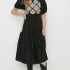 Online Oasis Crochet Knit Puff Sleeve Poplin Midi Dress Black