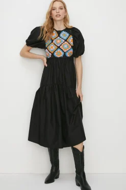 Online Oasis Crochet Knit Puff Sleeve Poplin Midi Dress Black