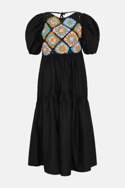 Online Oasis Crochet Knit Puff Sleeve Poplin Midi Dress Black