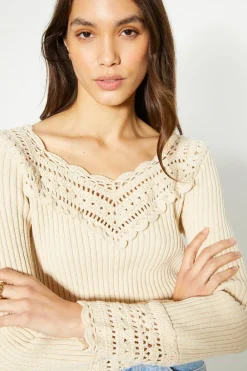 Online Oasis Crochet Trim Rib Knit Top Cream