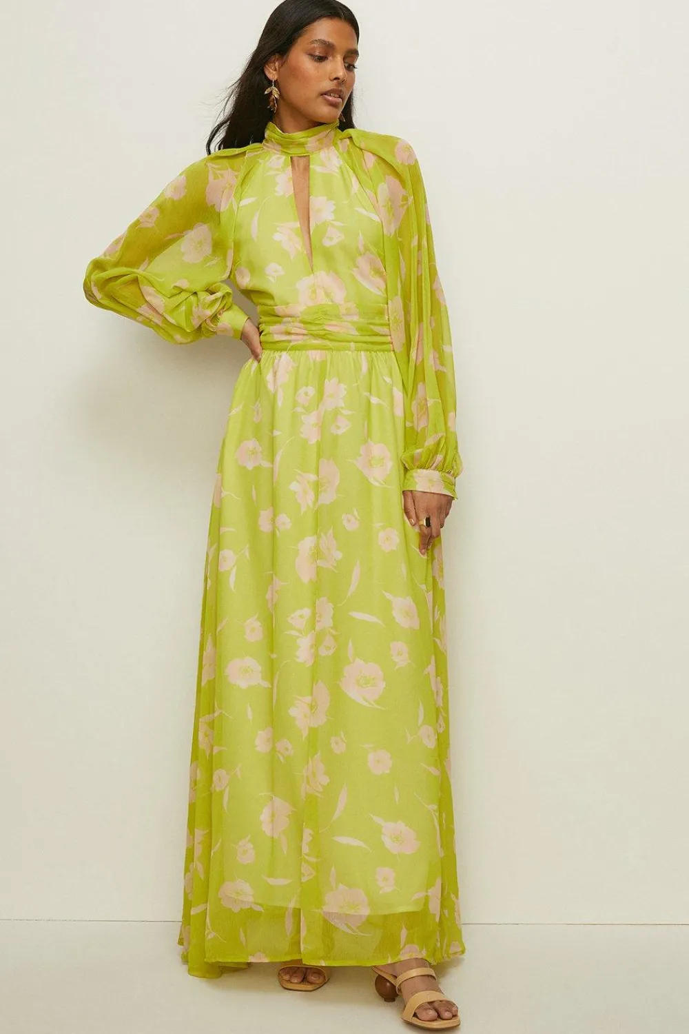 Hot Oasis Cut Out Chiffon Balloon Sleeve Maxi Dress Chartreuse