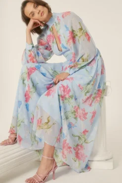 Best Oasis Cut Out Chiffon Balloon Sleeve Maxi Dress Blue