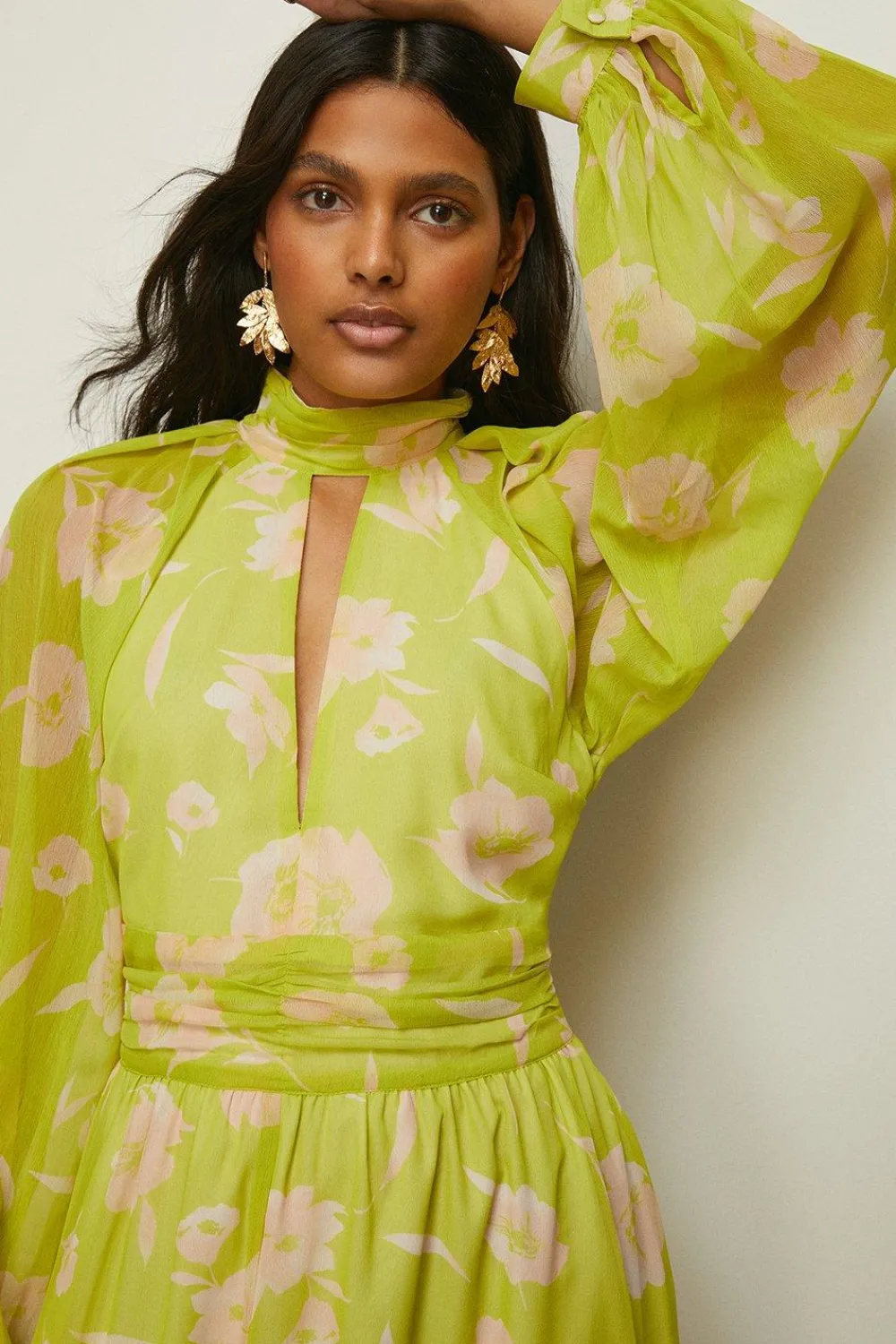 Hot Oasis Cut Out Chiffon Balloon Sleeve Maxi Dress Chartreuse