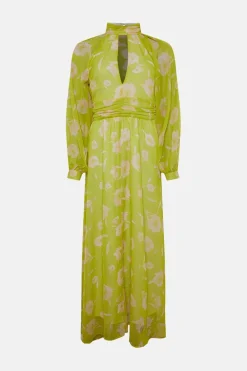 Hot Oasis Cut Out Chiffon Balloon Sleeve Maxi Dress Chartreuse