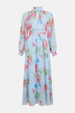 Best Oasis Cut Out Chiffon Balloon Sleeve Maxi Dress Blue
