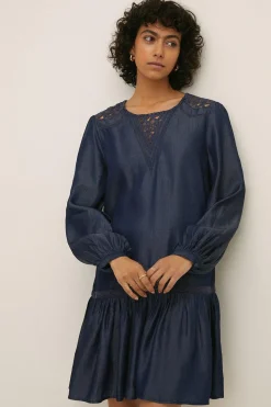 Hot Oasis Cut Work Yoke Thread Dress Dark Wash