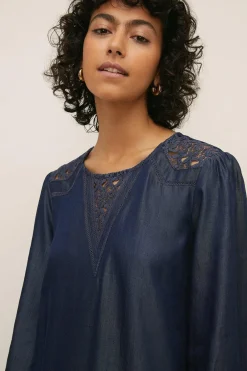 Hot Oasis Cut Work Yoke Thread Dress Dark Wash