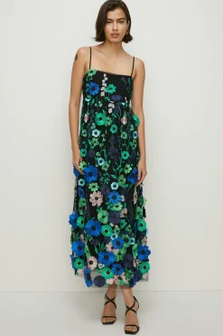Outlet Oasis 3D Colourful Floral Babydoll Midi Dress Black