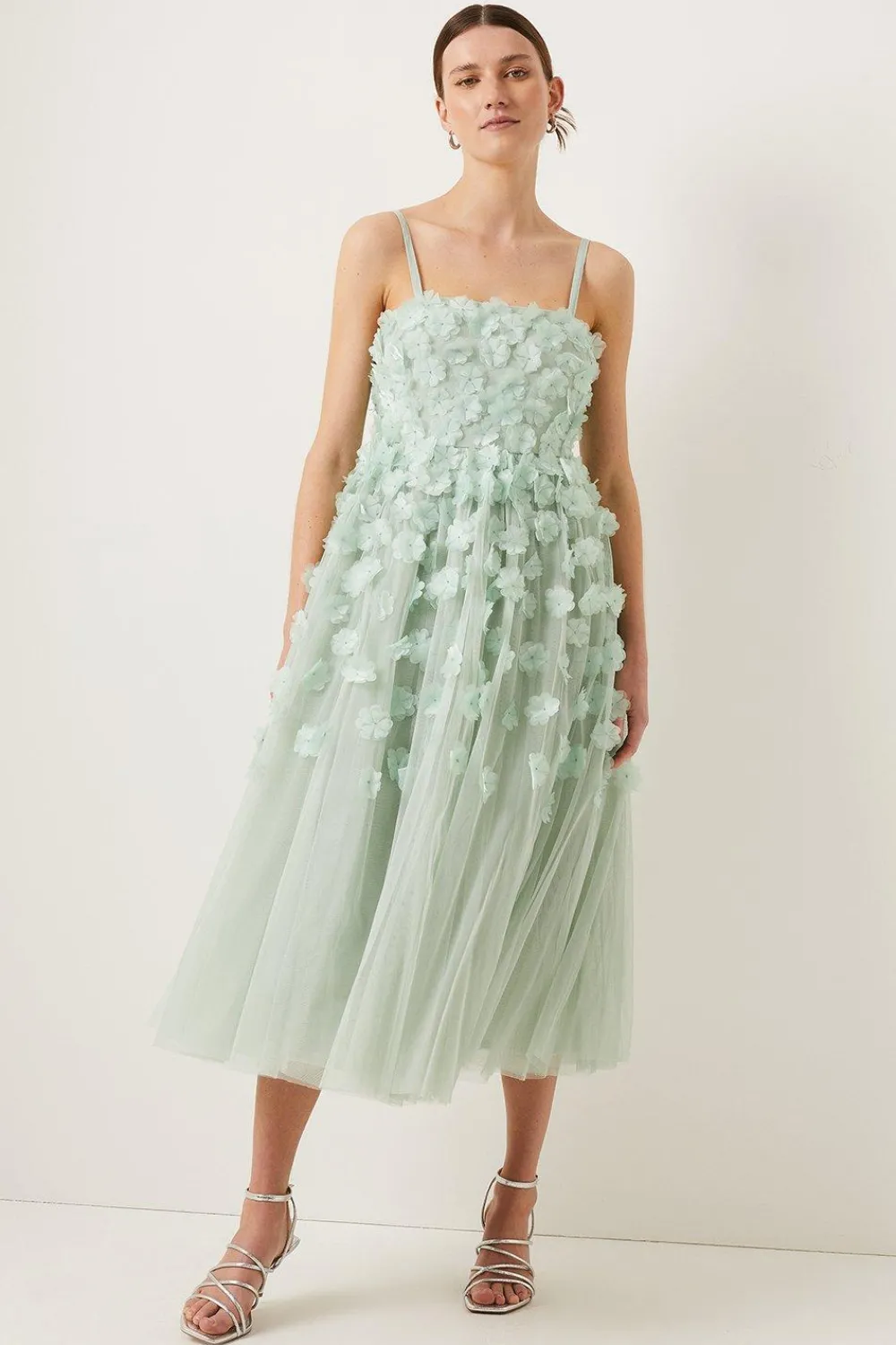 Online Oasis 3D Flower Mesh Babydoll Midi Dress Sage