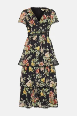 Fashion Oasis Dark Floral Dobby Tiered V Neck Midi Dress Black