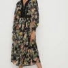 Hot Oasis Dark Floral Lace Dobby V Neck Midi Dress Black