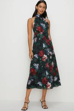 Online Oasis Dark Floral Satin Burnout Halter Midi Dress Black