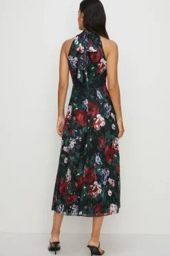 Online Oasis Dark Floral Satin Burnout Halter Midi Dress Black